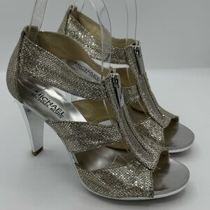 Michael Kors Berkley Silver T-Strap Glitter Zip Open Toe Heel Sandal Shoes Sz 6